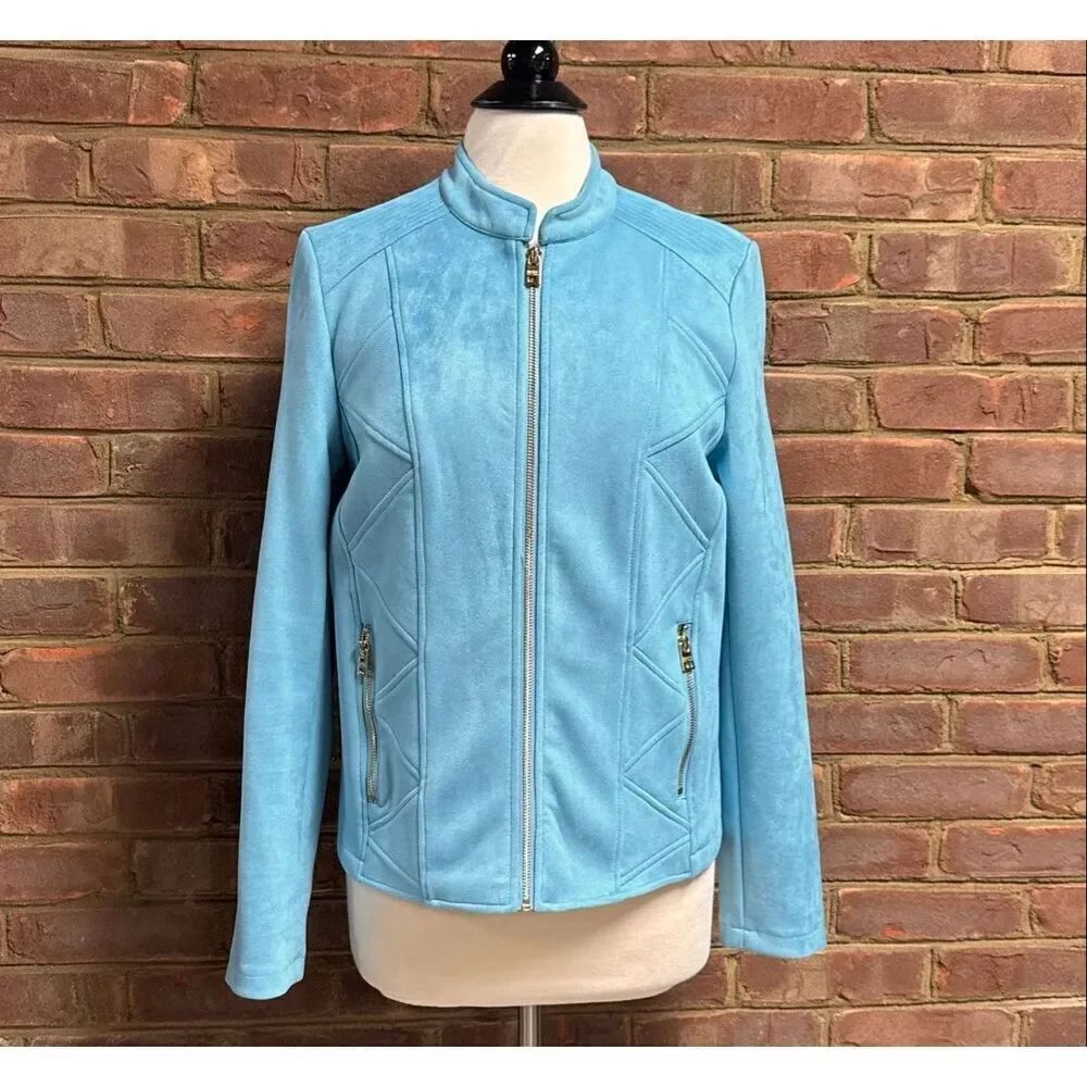 Andrew Marc New York Womens Blue Faux Suede Moto Jacket Size Medium